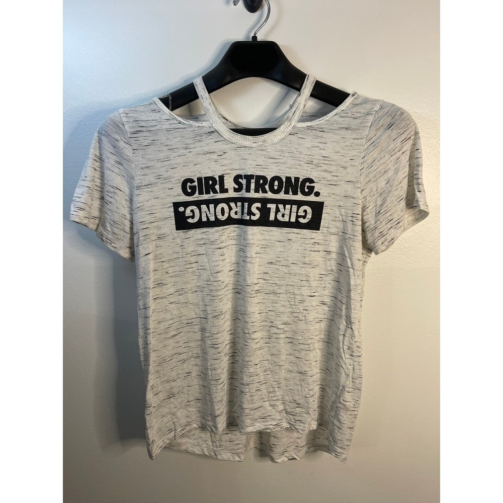 SO Girl Strong Cold Shoulder Graphic Tee White Black Space Dye Large